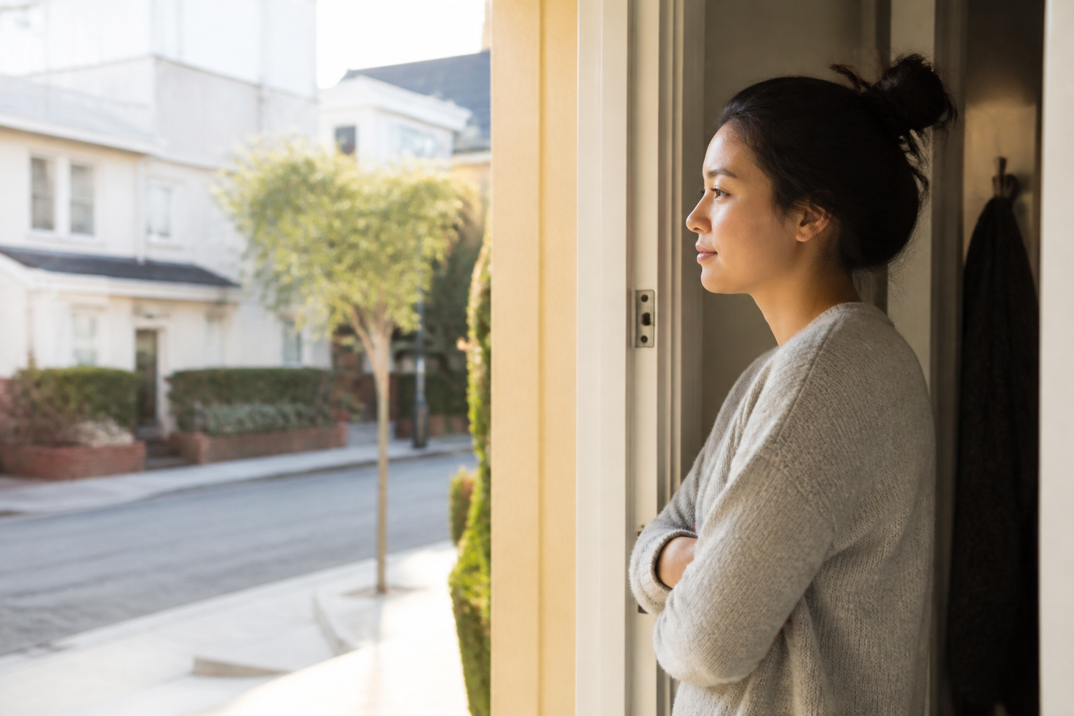 Pensive woman standing in a doorway, calm and composed — not a mailbox