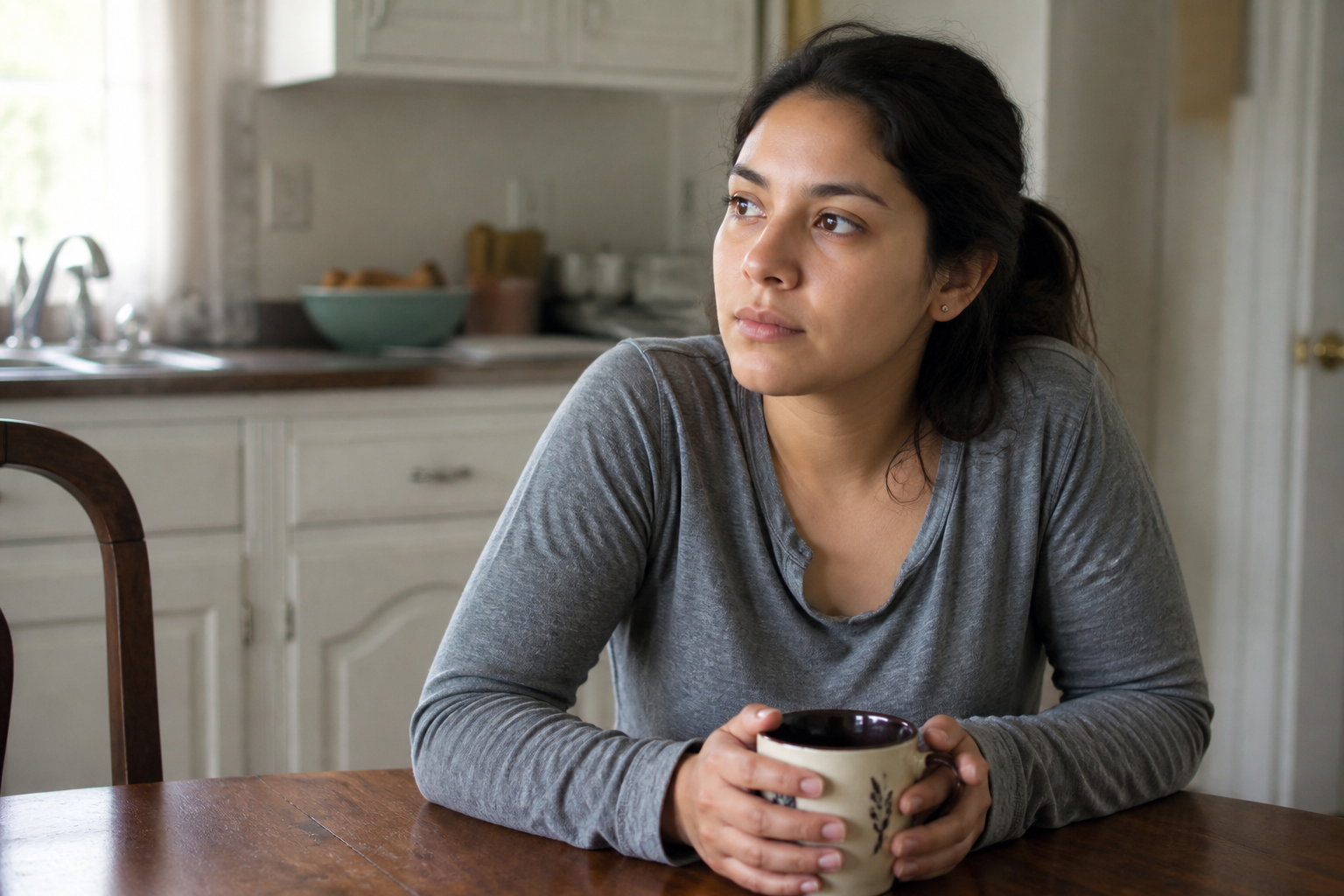 Pensive woman sitting at a kitchen table with a mug, thinking, not distraught