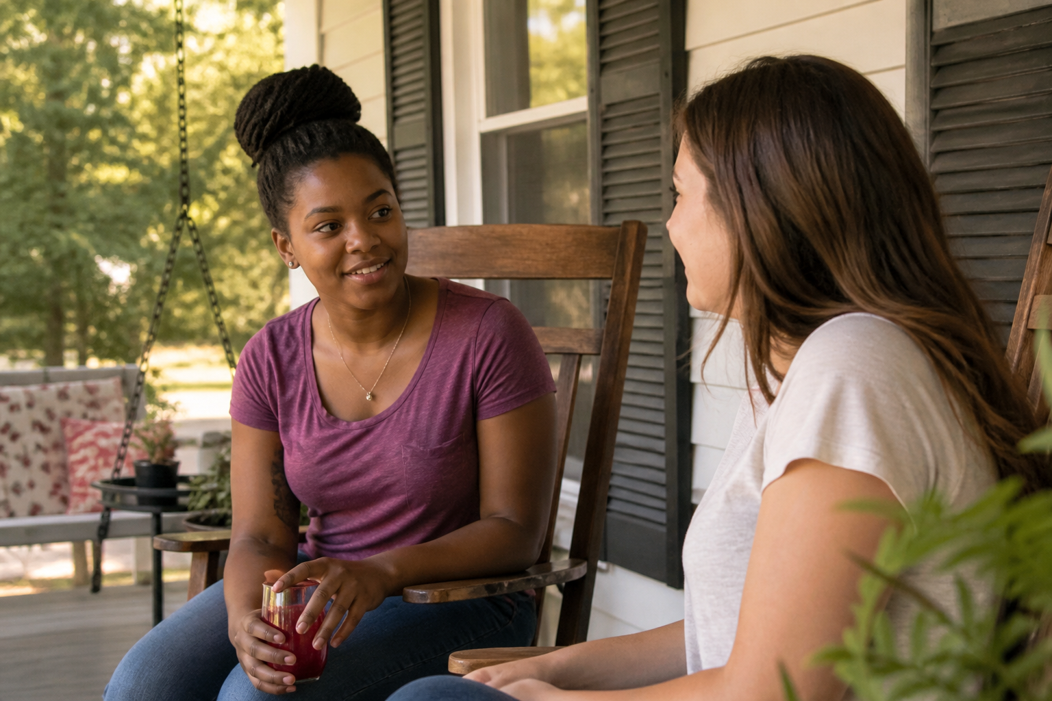 Happy woman talking with a friend on a porch, both calm, afternoon light